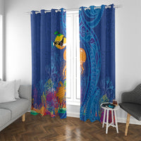 Hawaiian Funny Fruits Sea Animals Window Curtain Mango Reef Triggerfish and Pineapple Turtle and Mandarin Jellyfish LT03 With Grommets Blue - Polynesian Pride