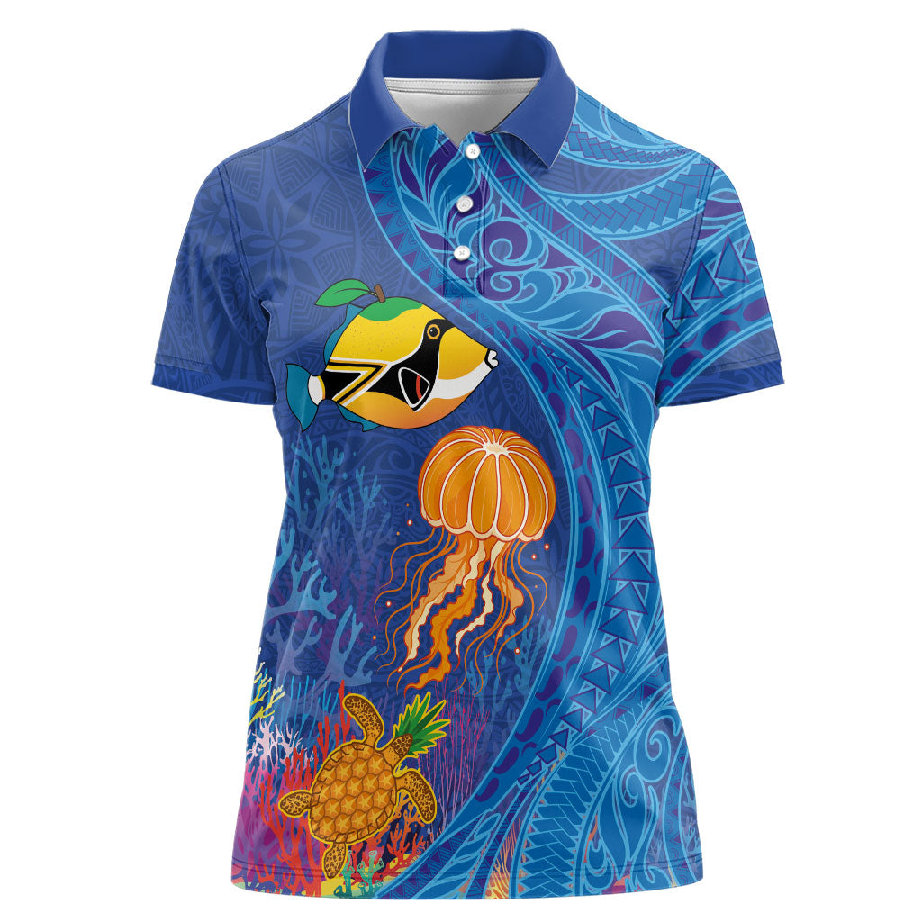 Hawaiian Funny Fruits Sea Animals Women Polo Shirt Mango Reef Triggerfish and Pineapple Turtle and Mandarin Jellyfish LT03 Female Blue - Polynesian Pride