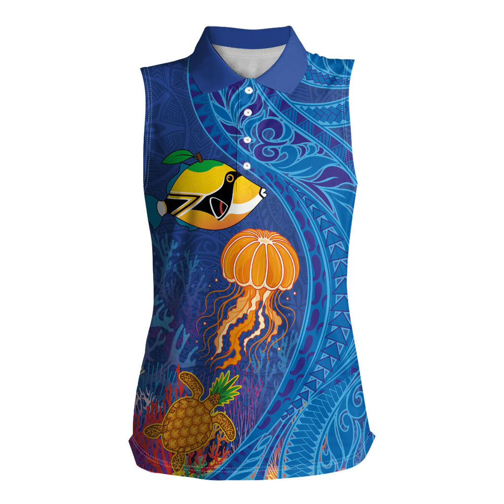 Hawaiian Funny Fruits Sea Animals Women Sleeveless Polo Shirt Mango Reef Triggerfish and Pineapple Turtle and Mandarin Jellyfish