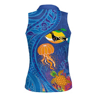 Hawaiian Funny Fruits Sea Animals Women Sleeveless Polo Shirt Mango Reef Triggerfish and Pineapple Turtle and Mandarin Jellyfish LT03 - Polynesian Pride