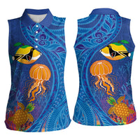 Hawaiian Funny Fruits Sea Animals Women Sleeveless Polo Shirt Mango Reef Triggerfish and Pineapple Turtle and Mandarin Jellyfish LT03 - Polynesian Pride
