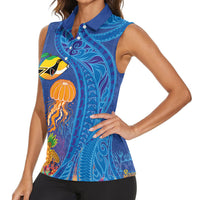 Hawaiian Funny Fruits Sea Animals Women Sleeveless Polo Shirt Mango Reef Triggerfish and Pineapple Turtle and Mandarin Jellyfish LT03 - Polynesian Pride