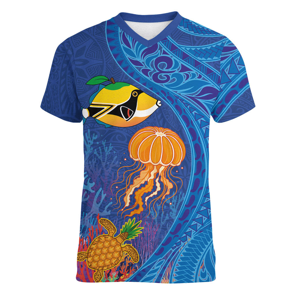Hawaiian Funny Fruits Sea Animals Women V-Neck T-Shirt Mango Reef Triggerfish and Pineapple Turtle and Mandarin Jellyfish LT03 Female Blue - Polynesian Pride