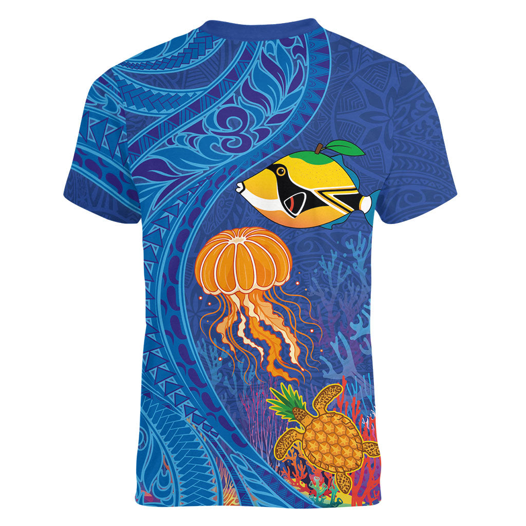Hawaiian Funny Fruits Sea Animals Women V-Neck T-Shirt Mango Reef Triggerfish and Pineapple Turtle and Mandarin Jellyfish LT03 - Polynesian Pride