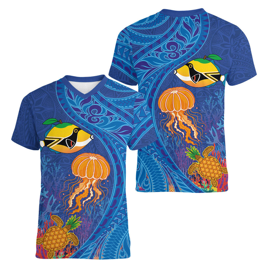 Hawaiian Funny Fruits Sea Animals Women V-Neck T-Shirt Mango Reef Triggerfish and Pineapple Turtle and Mandarin Jellyfish LT03 - Polynesian Pride