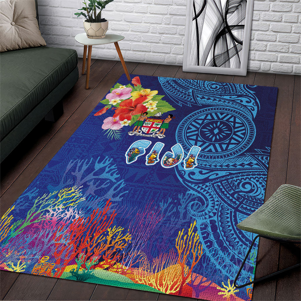 Fiji Day Area Rug Coral Reef with Tapa Motifs and Hibiscus Ocean Vibe LT03 Blue - Polynesian Pride