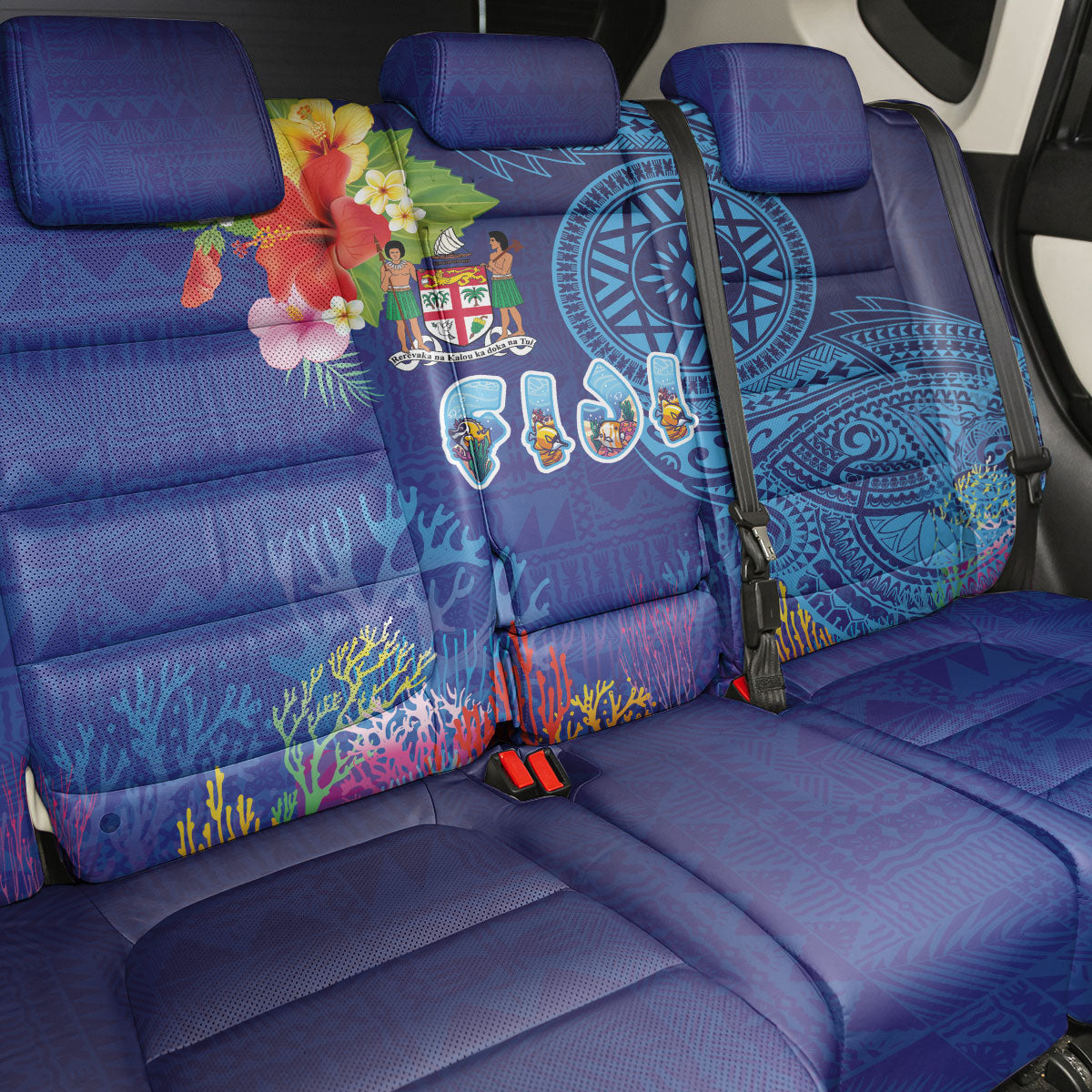 Fiji Day Back Car Seat Cover Coral Reef with Tapa Motifs and Hibiscus Ocean Vibe LT03 - Polynesian Pride