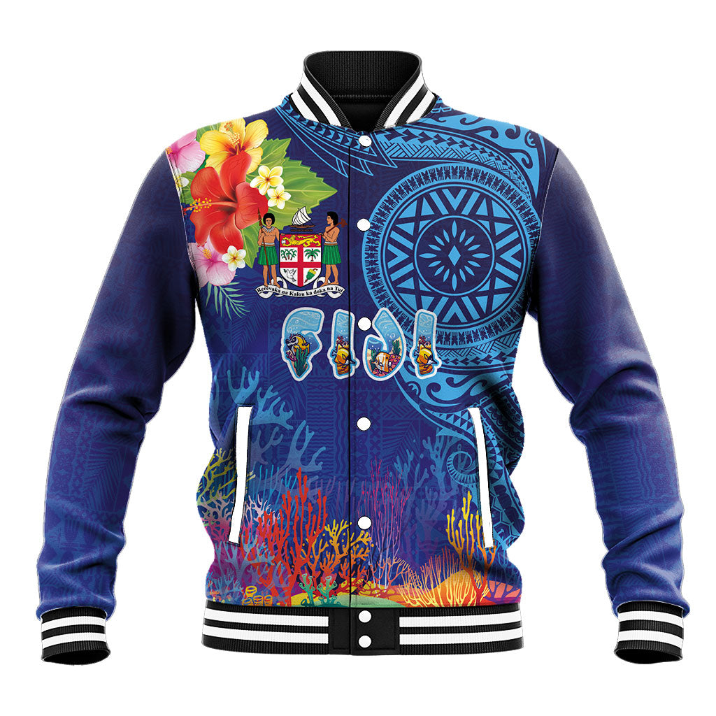 Fiji Day Baseball Jacket Coral Reef with Tapa Motifs and Hibiscus Ocean Vibe LT03 Unisex Blue - Polynesian Pride
