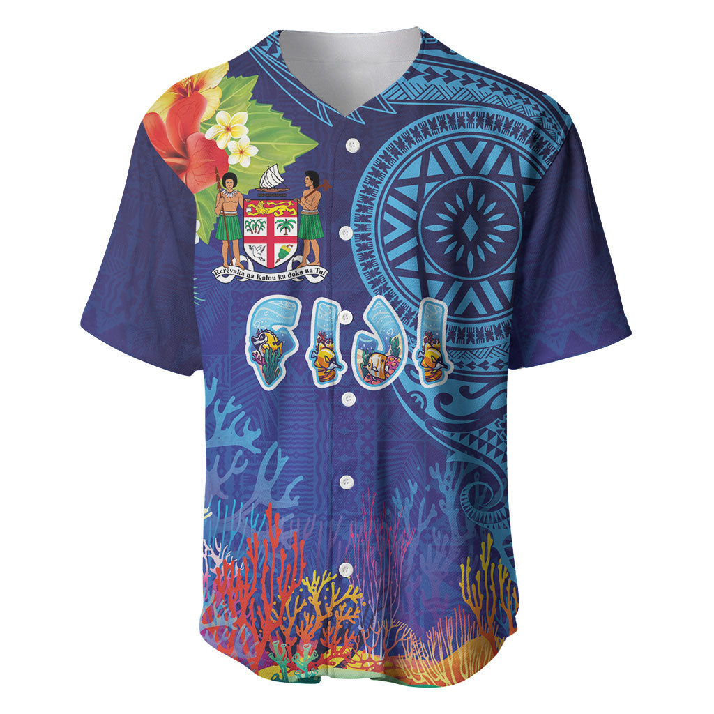 Fiji Day Baseball Jersey Coral Reef with Tapa Motifs and Hibiscus Ocean Vibe LT03 Blue - Polynesian Pride