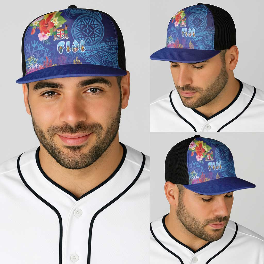 Fiji Day Baseball Net Cap Coral Reef with Tapa Motifs and Hibiscus Ocean Vibe LT03 - Polynesian Pride
