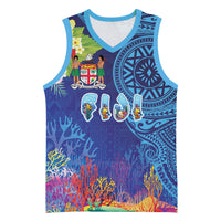 Fiji Day Basketball Jersey Coral Reef with Tapa Motifs and Hibiscus Ocean Vibe LT03 Unisex Blue - Polynesian Pride