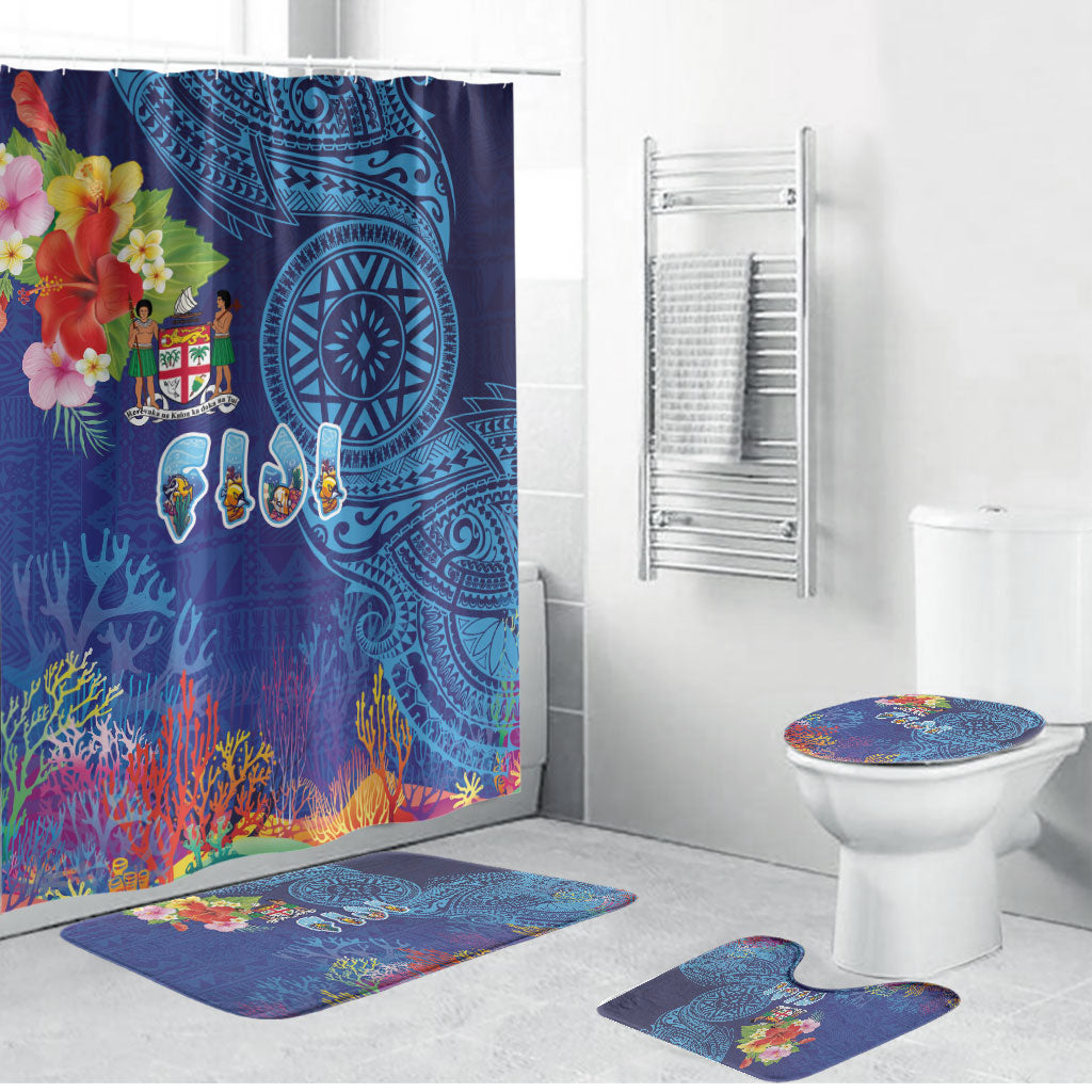 Fiji Day Bathroom Set Coral Reef with Tapa Motifs and Hibiscus Ocean Vibe LT03 Bathroom Set (4 pcs) Blue - Polynesian Pride