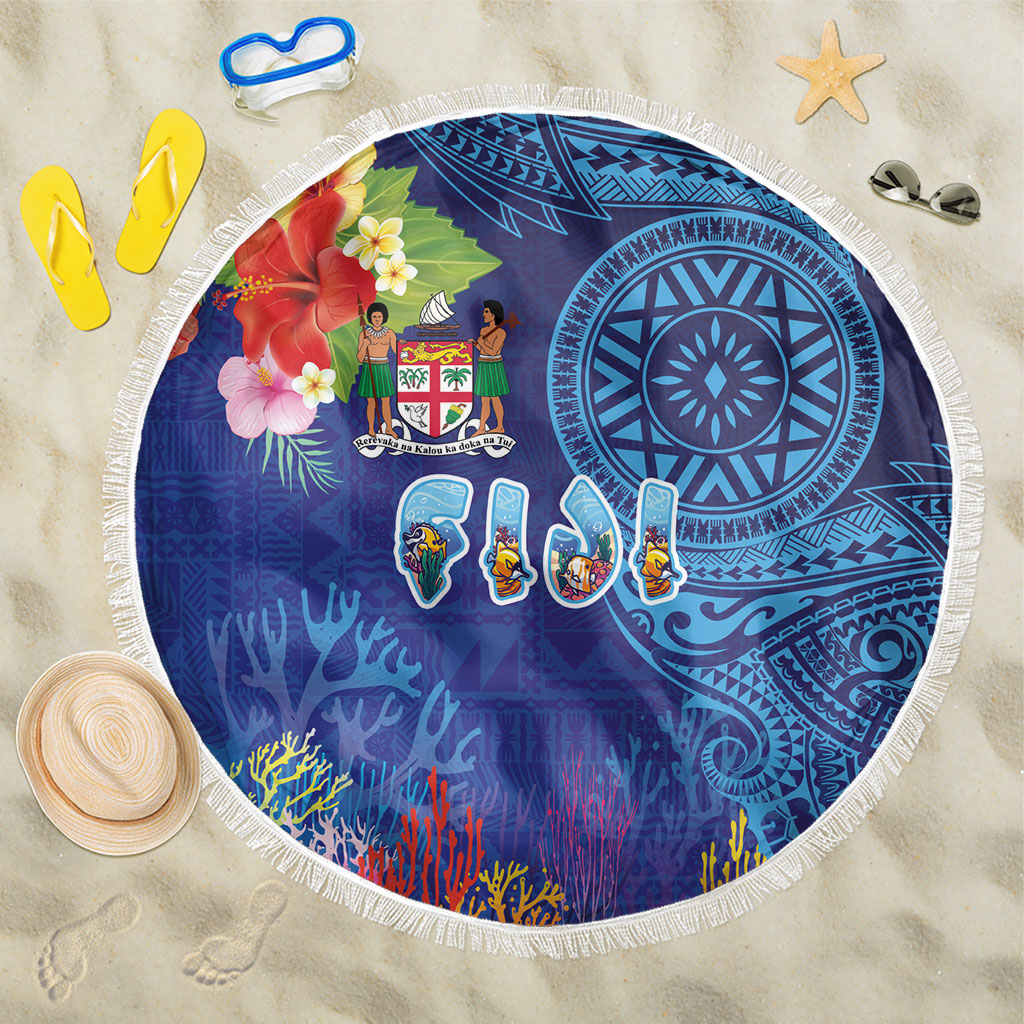 Fiji Day Beach Blanket Coral Reef with Tapa Motifs and Hibiscus Ocean Vibe LT03 One Size 150cm Blue - Polynesian Pride
