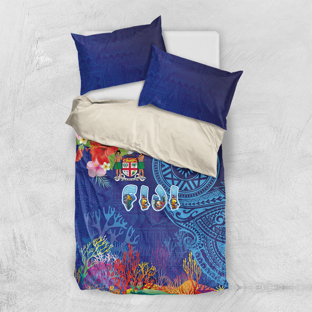 Fiji Day Bedding Set Coral Reef with Tapa Motifs and Hibiscus Ocean Vibe LT03 US Twin 172cm x 218cm Blue - Polynesian Pride