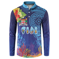 Fiji Day Button Sweatshirt Coral Reef with Tapa Motifs and Hibiscus Ocean Vibe LT03 Blue - Polynesian Pride