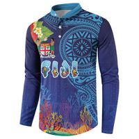 Fiji Day Button Sweatshirt Coral Reef with Tapa Motifs and Hibiscus Ocean Vibe LT03 - Polynesian Pride