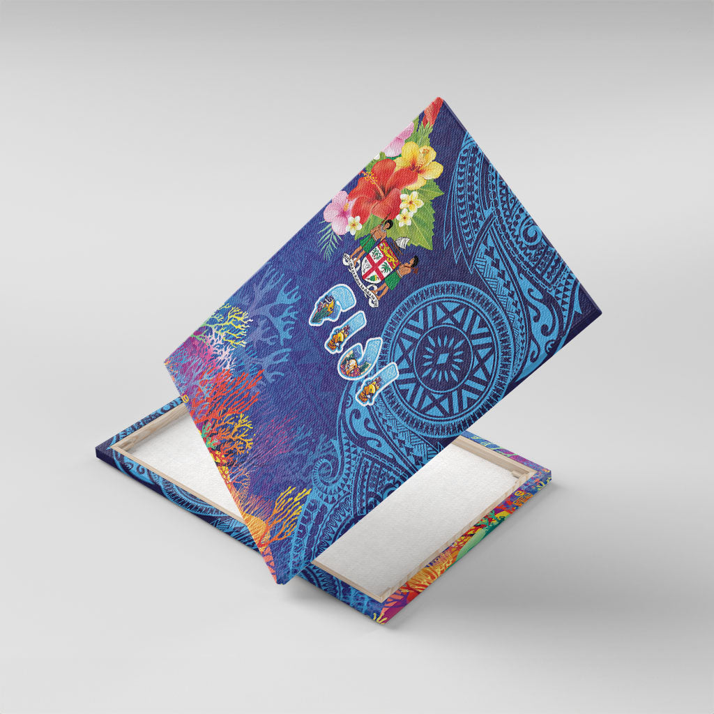 Fiji Day Canvas Wall Art Coral Reef with Tapa Motifs and Hibiscus Ocean Vibe LT03 With Frame Blue - Polynesian Pride