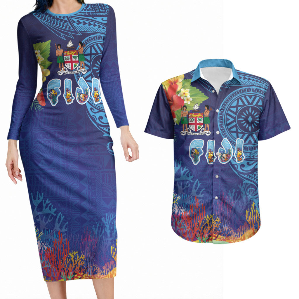 Fiji Day Couples Matching Long Sleeve Bodycon Dress and Hawaiian Shirt Coral Reef with Tapa Motifs and Hibiscus Ocean Vibe LT03 Blue - Polynesian Pride