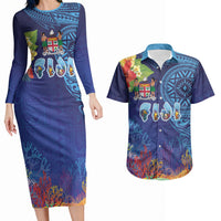 Fiji Day Couples Matching Long Sleeve Bodycon Dress and Hawaiian Shirt Coral Reef with Tapa Motifs and Hibiscus Ocean Vibe LT03 Blue - Polynesian Pride