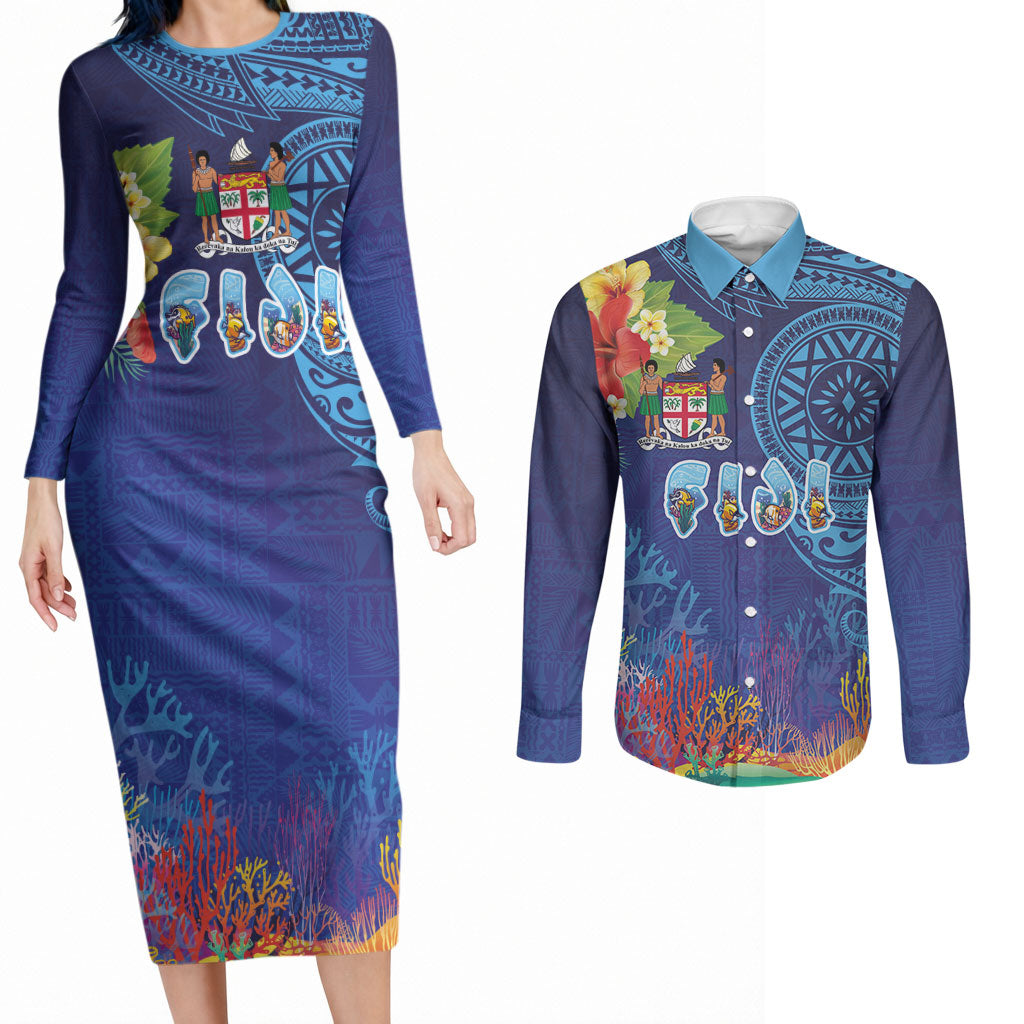 Fiji Day Couples Matching Long Sleeve Bodycon Dress and Long Sleeve Button Shirt Coral Reef with Tapa Motifs and Hibiscus Ocean Vibe LT03 Blue - Polynesian Pride