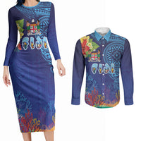 Fiji Day Couples Matching Long Sleeve Bodycon Dress and Long Sleeve Button Shirt Coral Reef with Tapa Motifs and Hibiscus Ocean Vibe LT03 Blue - Polynesian Pride