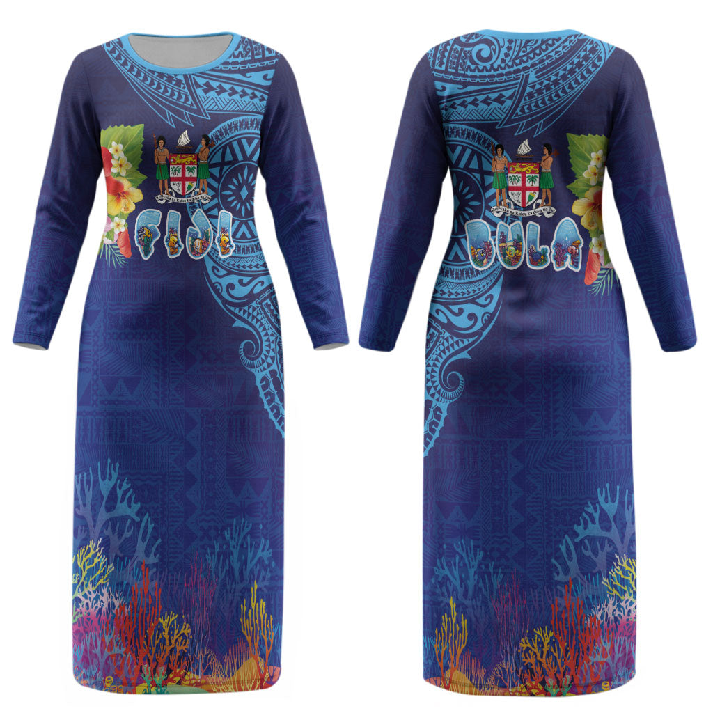 Fiji Day Couples Matching Long Sleeve Bodycon Dress and Long Sleeve Button Shirt Coral Reef with Tapa Motifs and Hibiscus Ocean Vibe LT03 - Polynesian Pride