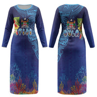 Fiji Day Couples Matching Long Sleeve Bodycon Dress and Long Sleeve Button Shirt Coral Reef with Tapa Motifs and Hibiscus Ocean Vibe LT03 - Polynesian Pride