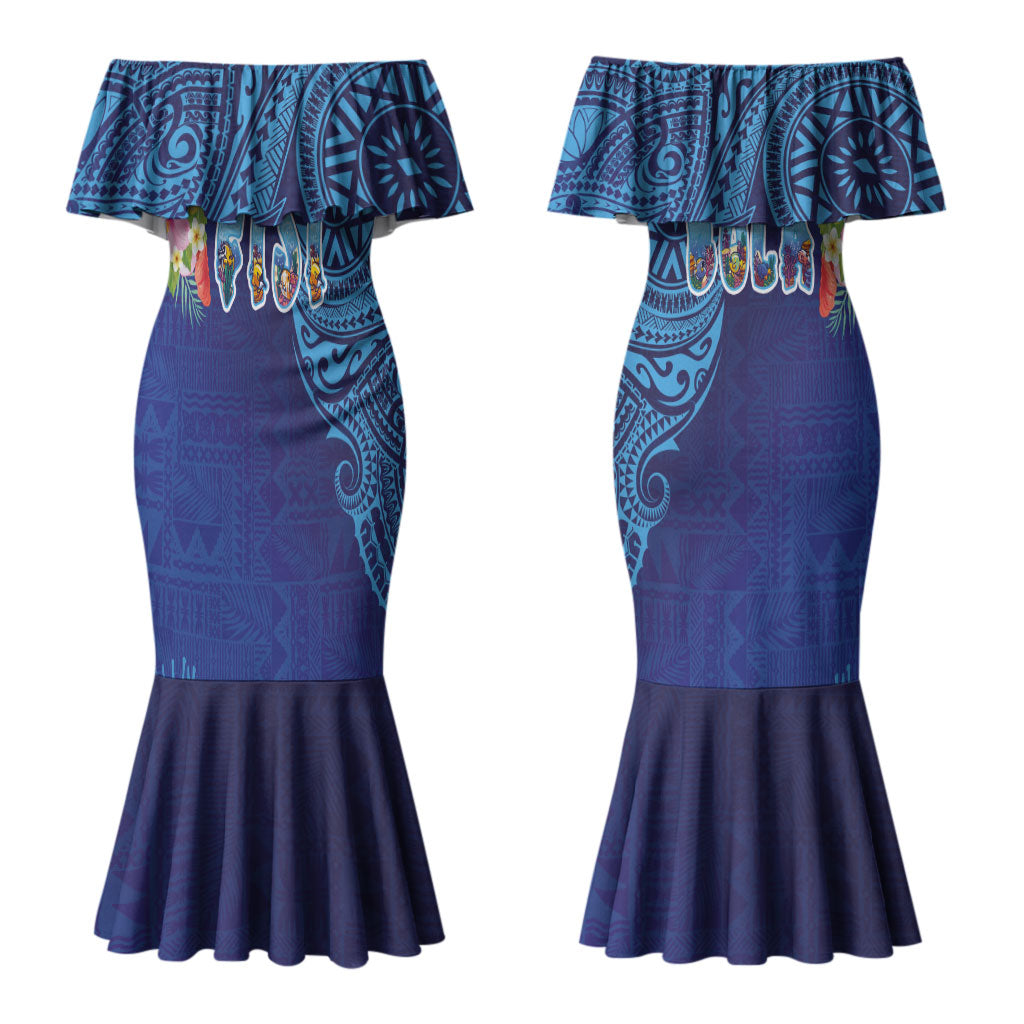 Fiji Day Couples Matching Mermaid Dress and Hawaiian Shirt Coral Reef with Tapa Motifs and Hibiscus Ocean Vibe LT03 - Polynesian Pride