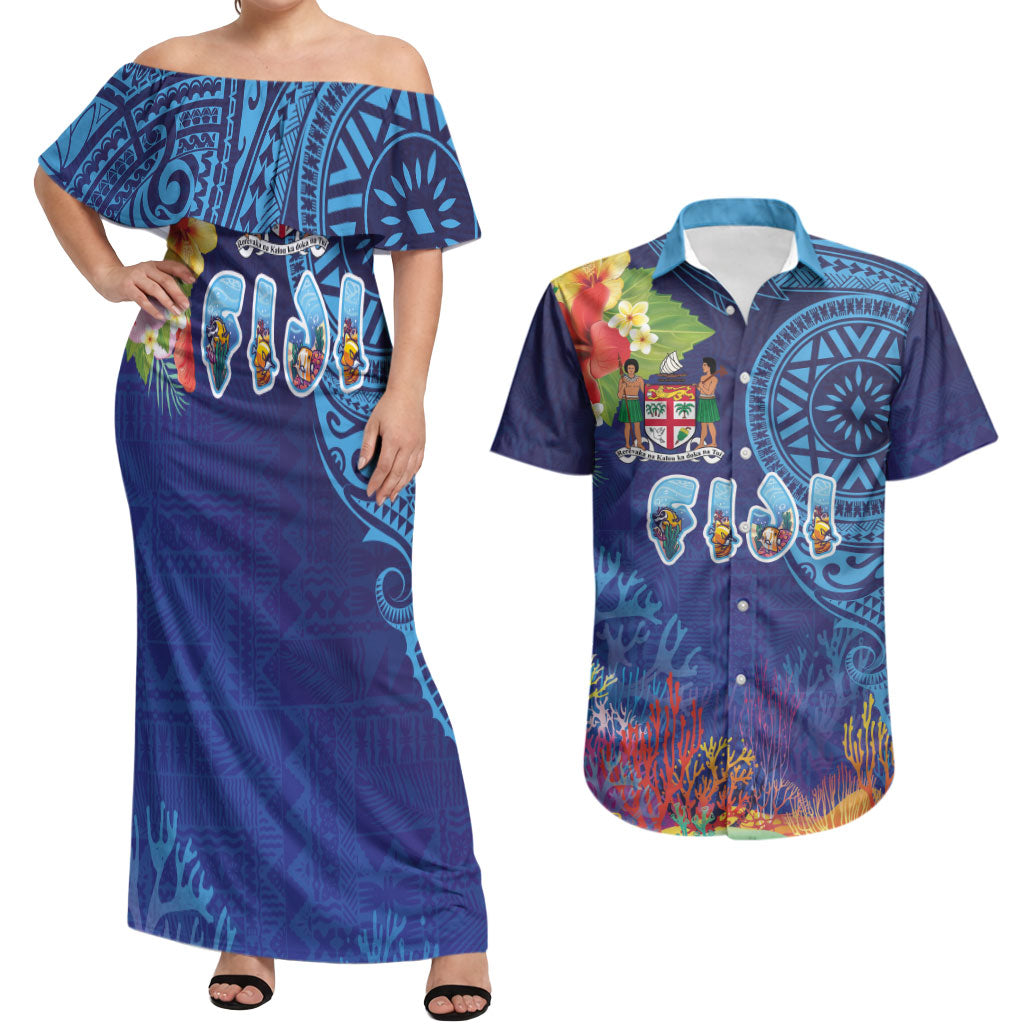 Fiji Day Couples Matching Off Shoulder Maxi Dress and Hawaiian Shirt Coral Reef with Tapa Motifs and Hibiscus Ocean Vibe