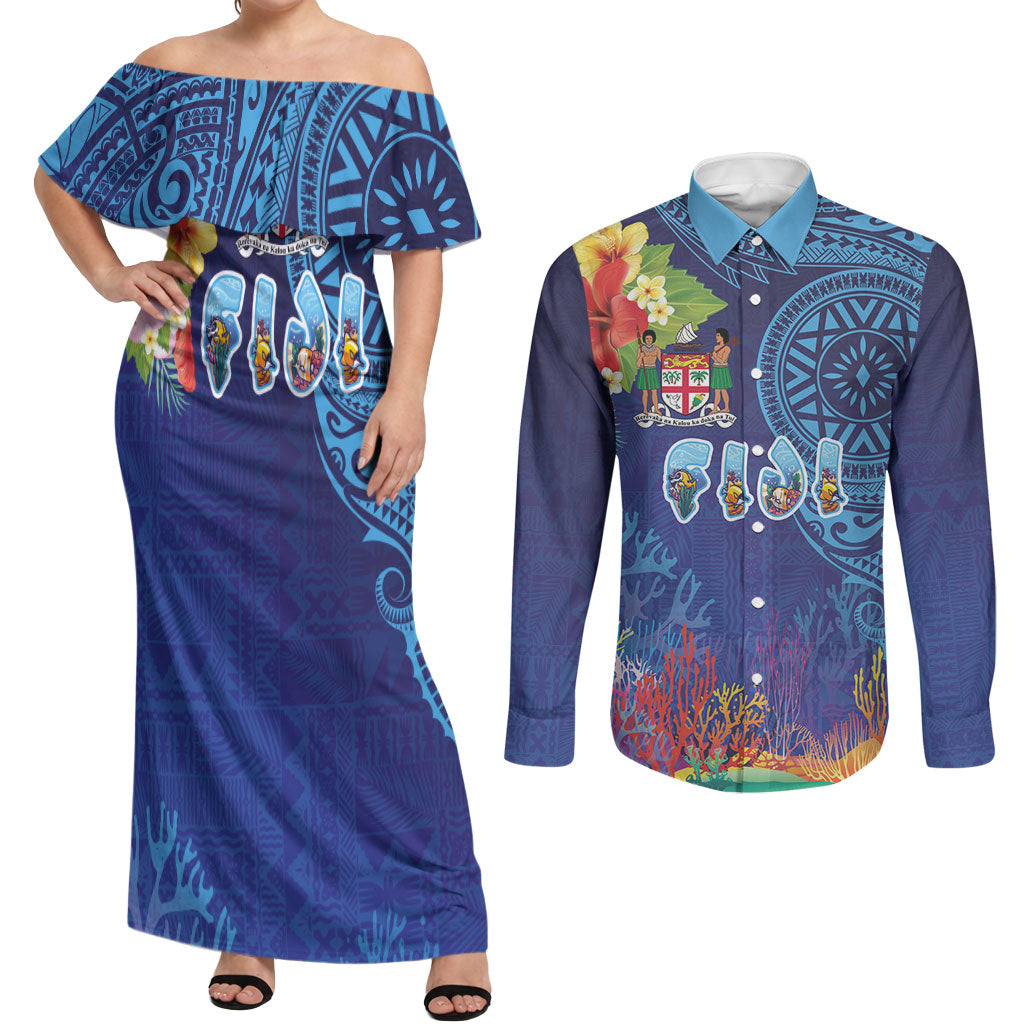 Fiji Day Couples Matching Off Shoulder Maxi Dress and Long Sleeve Button Shirt Coral Reef with Tapa Motifs and Hibiscus Ocean Vibe LT03 Blue - Polynesian Pride