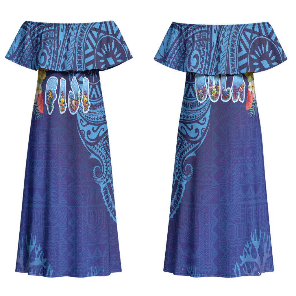Fiji Day Couples Matching Off Shoulder Maxi Dress and Long Sleeve Button Shirt Coral Reef with Tapa Motifs and Hibiscus Ocean Vibe LT03 - Polynesian Pride