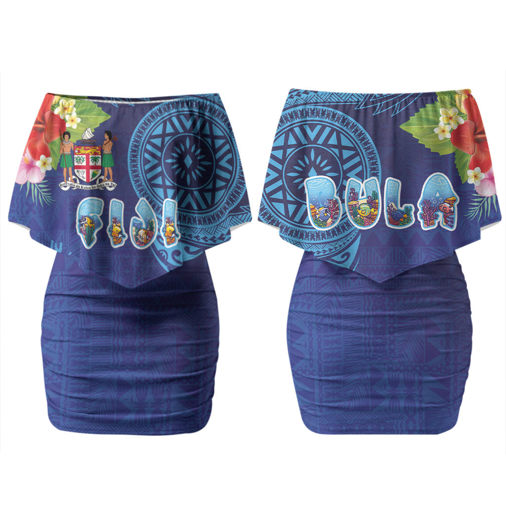 Fiji Day Couples Matching Off Shoulder Short Dress and Hawaiian Shirt Coral Reef with Tapa Motifs and Hibiscus Ocean Vibe LT03 - Polynesian Pride