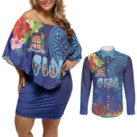 Fiji Day Couples Matching Off Shoulder Short Dress and Long Sleeve Button Shirt Coral Reef with Tapa Motifs and Hibiscus Ocean Vibe LT03 Blue - Polynesian Pride