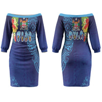 Fiji Day Couples Matching Off The Shoulder Long Sleeve Dress and Hawaiian Shirt Coral Reef with Tapa Motifs and Hibiscus Ocean Vibe LT03 - Polynesian Pride