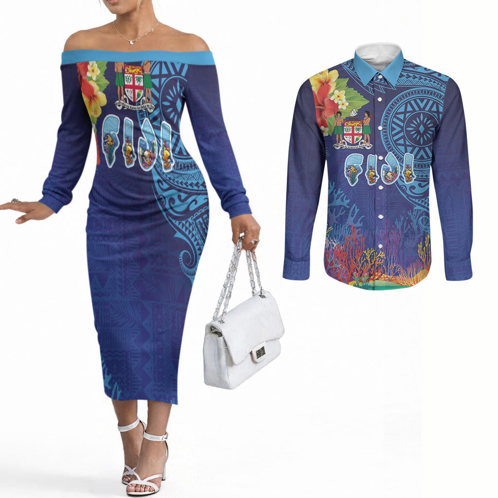 Fiji Day Couples Matching Off The Shoulder Long Sleeve Dress and Long Sleeve Button Shirt Coral Reef with Tapa Motifs and Hibiscus Ocean Vibe LT03 Blue - Polynesian Pride