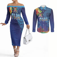Fiji Day Couples Matching Off The Shoulder Long Sleeve Dress and Long Sleeve Button Shirt Coral Reef with Tapa Motifs and Hibiscus Ocean Vibe LT03 Blue - Polynesian Pride