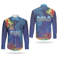 Fiji Day Couples Matching Off The Shoulder Long Sleeve Dress and Long Sleeve Button Shirt Coral Reef with Tapa Motifs and Hibiscus Ocean Vibe LT03 - Polynesian Pride