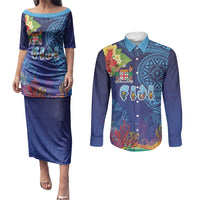 Fiji Day Couples Matching Puletasi and Long Sleeve Button Shirt Coral Reef with Tapa Motifs and Hibiscus Ocean Vibe LT03 Blue - Polynesian Pride