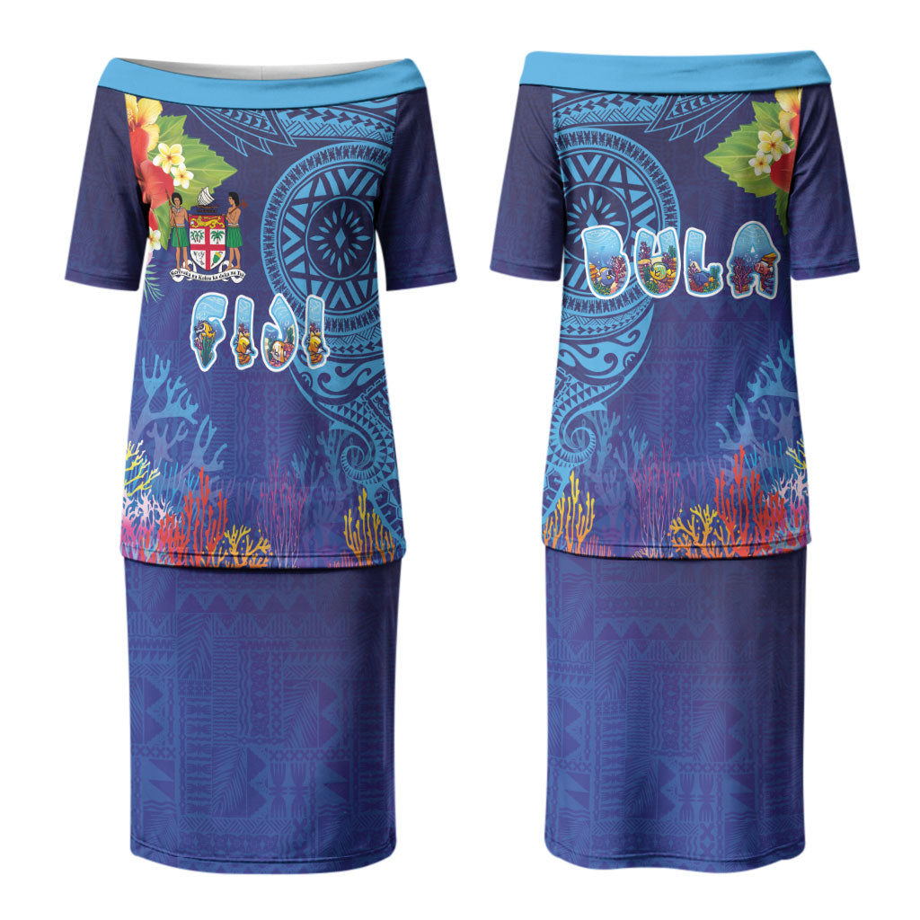 Fiji Day Couples Matching Puletasi and Long Sleeve Button Shirt Coral Reef with Tapa Motifs and Hibiscus Ocean Vibe LT03 - Polynesian Pride