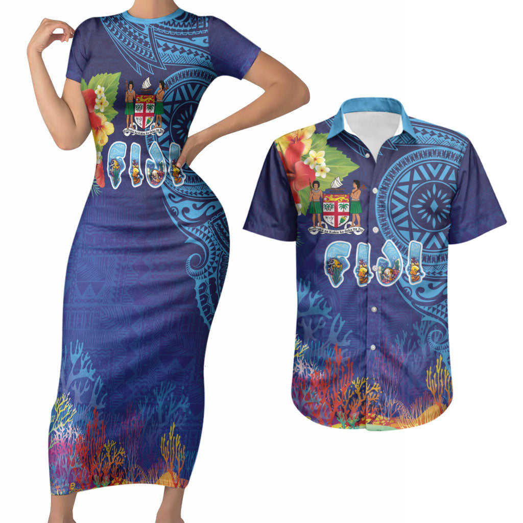 Fiji Day Couples Matching Short Sleeve Bodycon Dress and Hawaiian Shirt Coral Reef with Tapa Motifs and Hibiscus Ocean Vibe