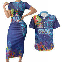 Fiji Day Couples Matching Short Sleeve Bodycon Dress and Hawaiian Shirt Coral Reef with Tapa Motifs and Hibiscus Ocean Vibe LT03 Blue - Polynesian Pride