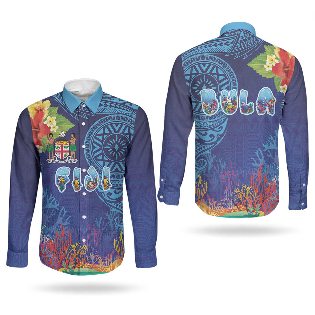 Fiji Day Couples Matching Short Sleeve Bodycon Dress and Long Sleeve Button Shirt Coral Reef with Tapa Motifs and Hibiscus Ocean Vibe LT03 - Polynesian Pride