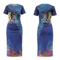Fiji Day Couples Matching Short Sleeve Bodycon Dress and Long Sleeve Button Shirt Coral Reef with Tapa Motifs and Hibiscus Ocean Vibe LT03 - Polynesian Pride