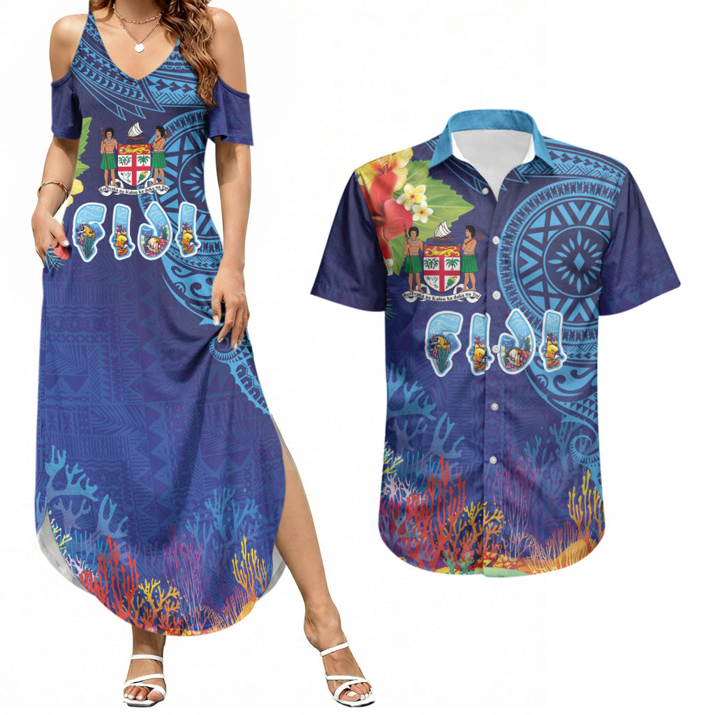 Fiji Day Couples Matching Summer Maxi Dress and Hawaiian Shirt Coral Reef with Tapa Motifs and Hibiscus Ocean Vibe LT03 Blue - Polynesian Pride