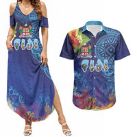 Fiji Day Couples Matching Summer Maxi Dress and Hawaiian Shirt Coral Reef with Tapa Motifs and Hibiscus Ocean Vibe LT03 Blue - Polynesian Pride