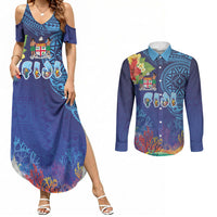 Fiji Day Couples Matching Summer Maxi Dress and Long Sleeve Button Shirt Coral Reef with Tapa Motifs and Hibiscus Ocean Vibe LT03 Blue - Polynesian Pride