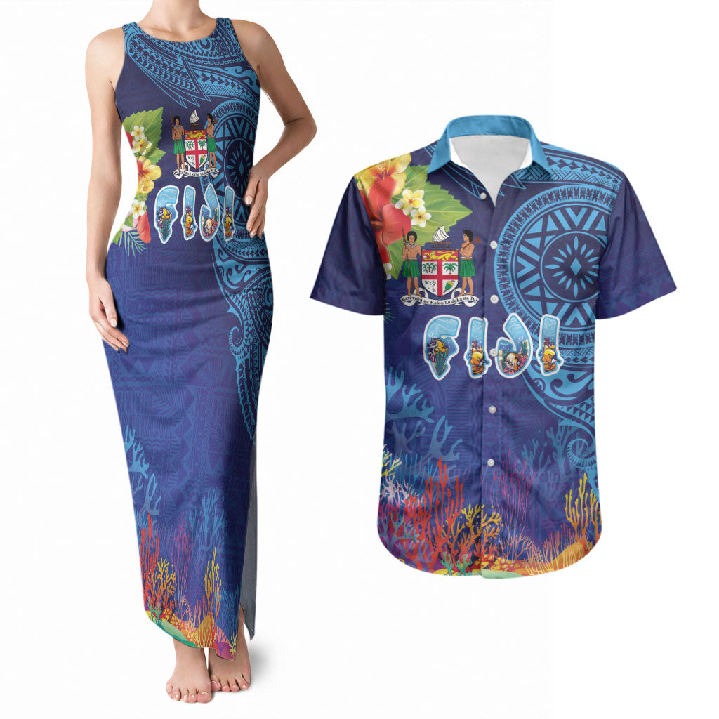 Fiji Day Couples Matching Tank Maxi Dress and Hawaiian Shirt Coral Reef with Tapa Motifs and Hibiscus Ocean Vibe