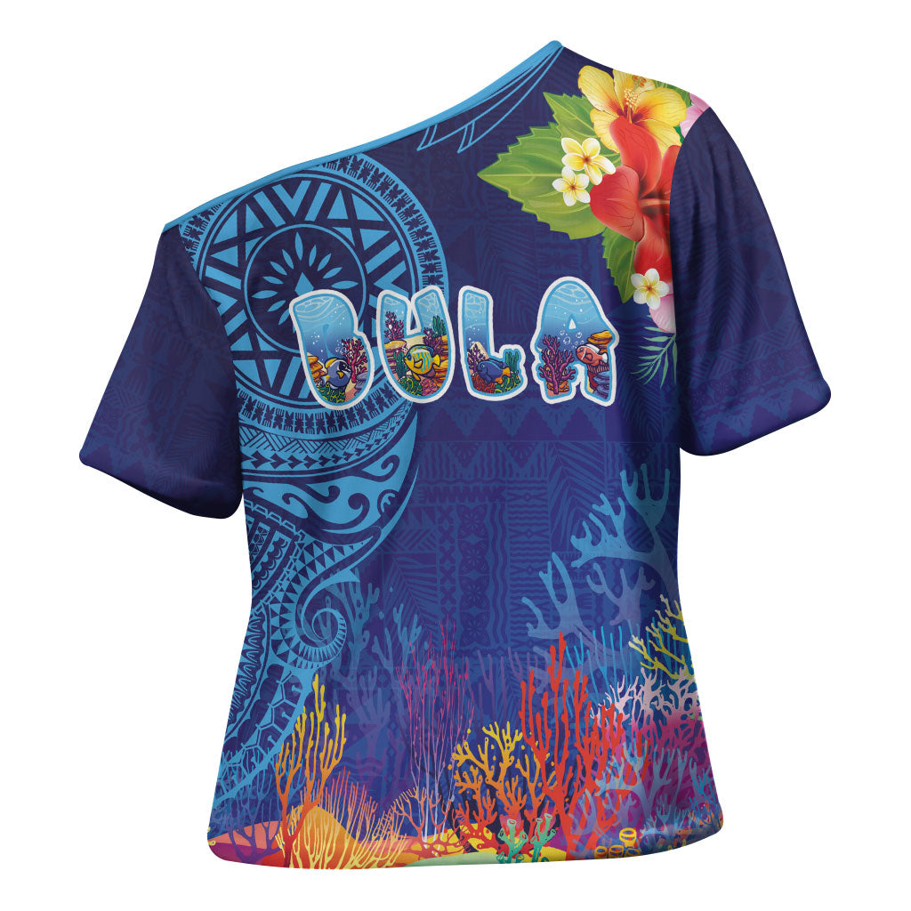 Fiji Day Cross Shoulder Shirt Coral Reef with Tapa Motifs and Hibiscus Ocean Vibe LT03 - Polynesian Pride