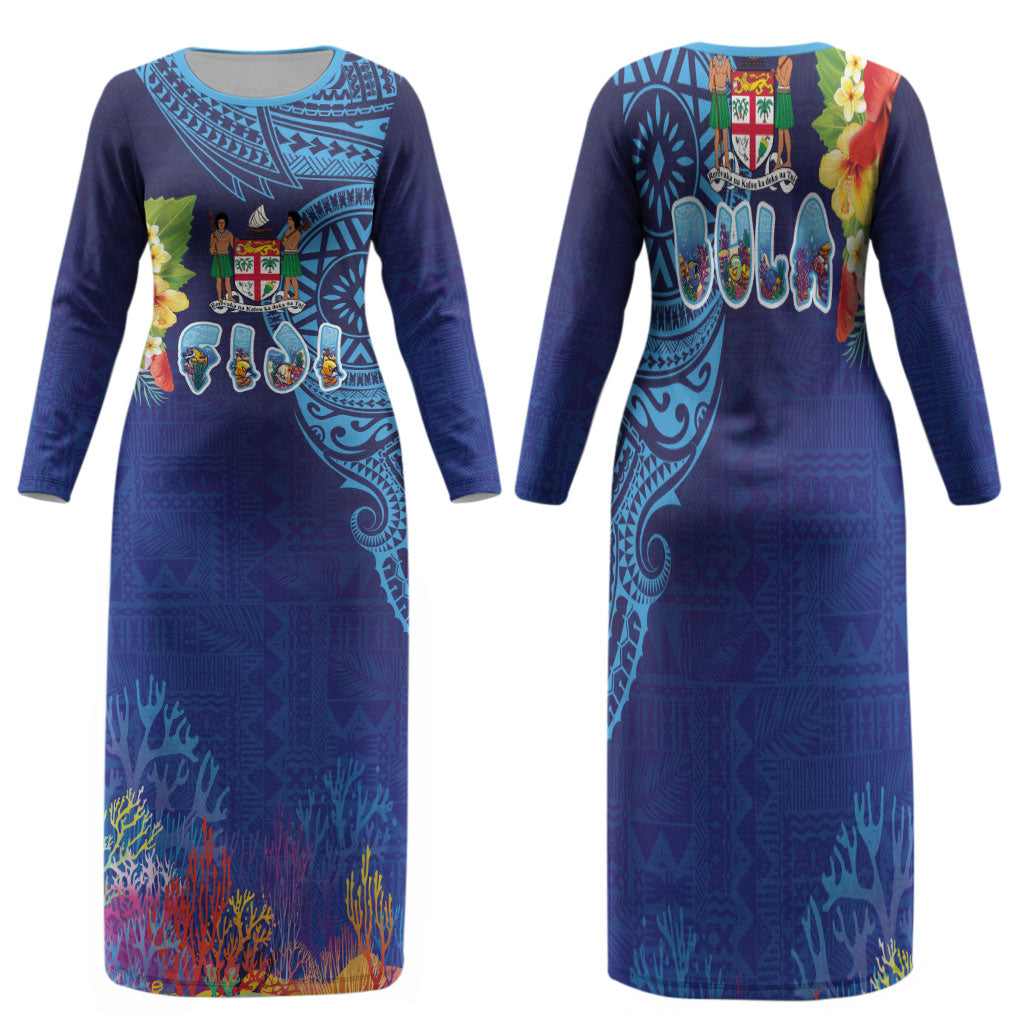 Fiji Day Family Matching Long Sleeve Bodycon Dress and Hawaiian Shirt Coral Reef with Tapa Motifs and Hibiscus Ocean Vibe LT03 Mom's Dress Blue - Polynesian Pride