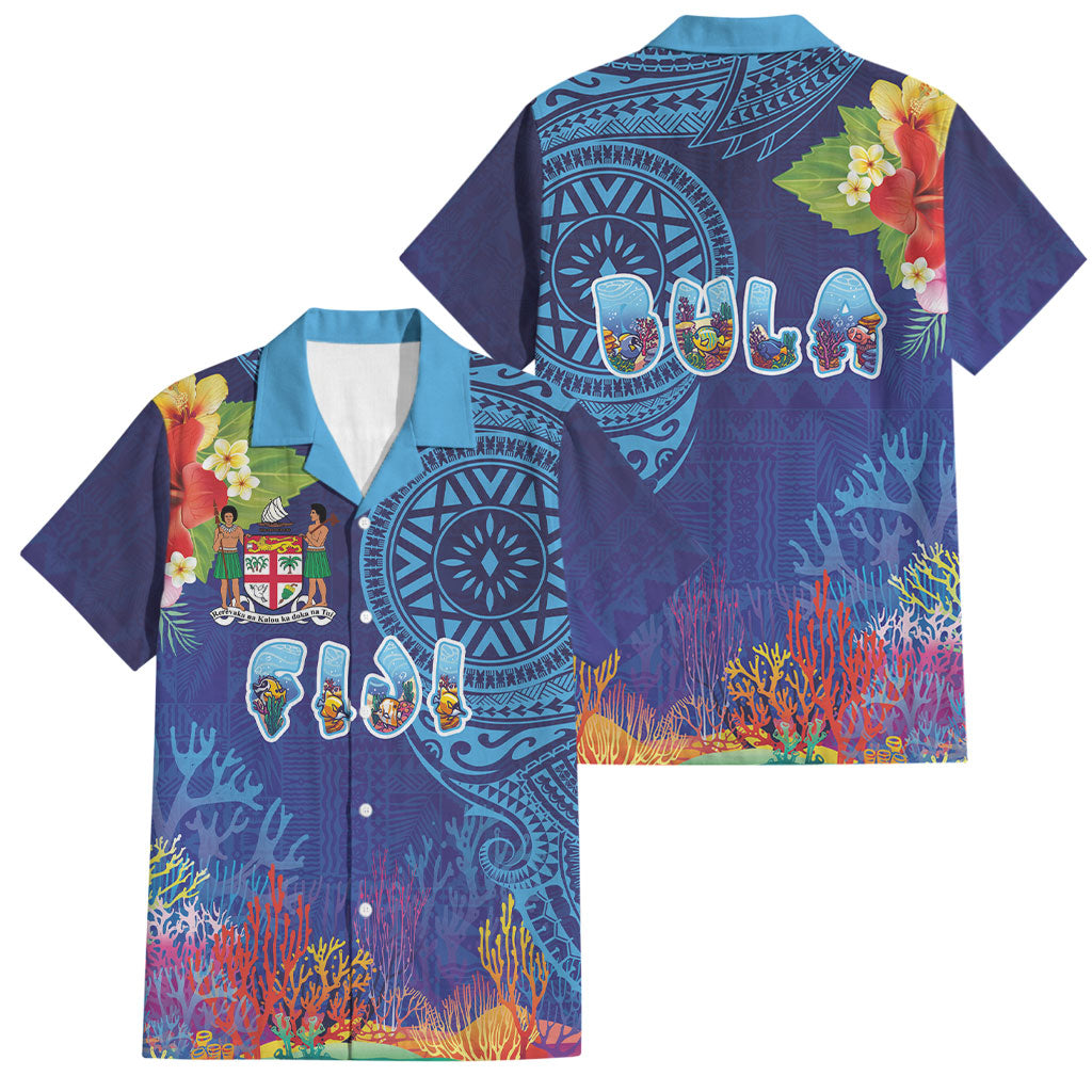 Fiji Day Family Matching Long Sleeve Bodycon Dress and Hawaiian Shirt Coral Reef with Tapa Motifs and Hibiscus Ocean Vibe LT03 Dad's Shirt - Short Sleeve Blue - Polynesian Pride